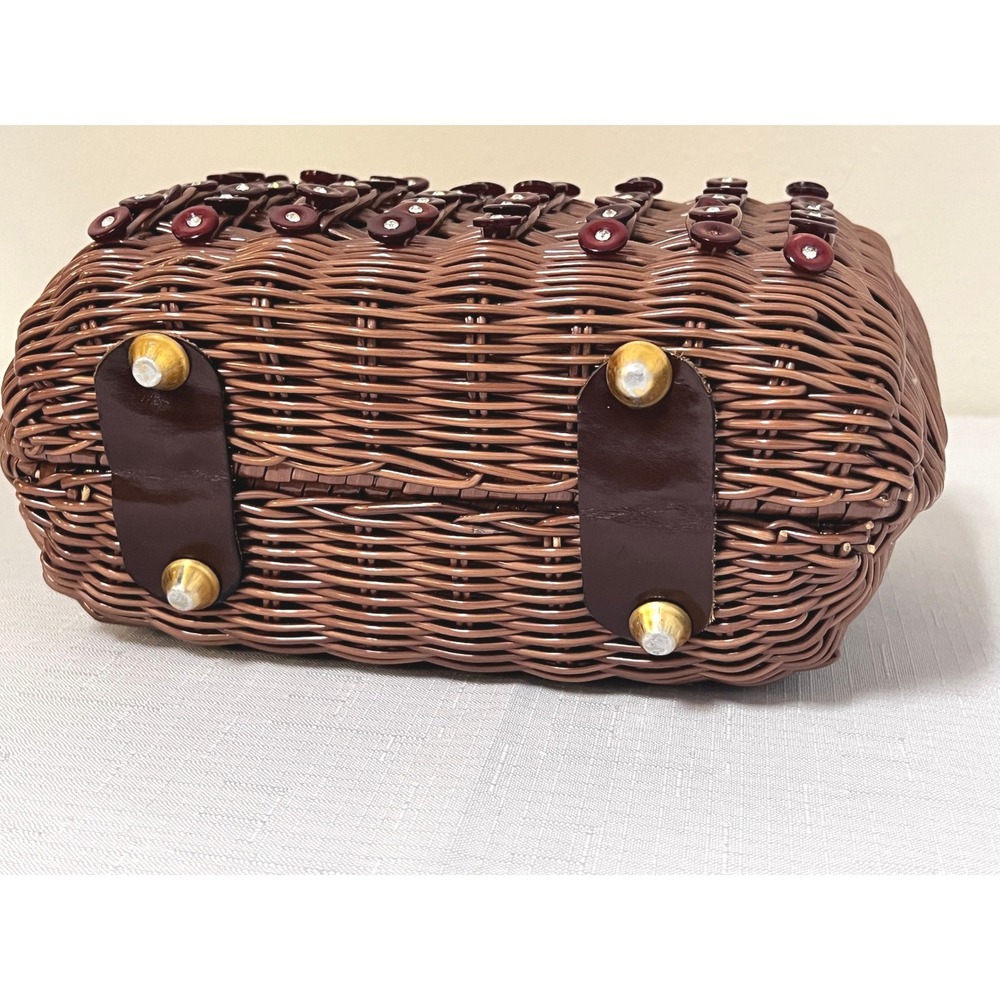 Walborg Wicker Handbag Women Small Brown Good Vintage Beaded Handle Rhinestone - Picture 6 of 12